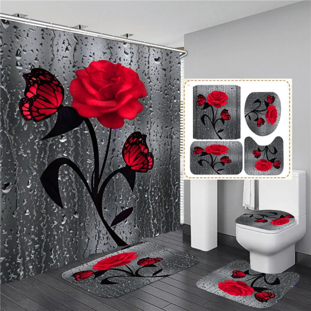 4PCS Flower Shower Curtain Set with Non-Slip Rugs, Toilet Lid Cover and Bath Mat Waterproof Bathroom Decor
