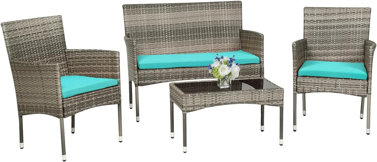 4 Pieces Patio Rattan Outside Furniture Wicker Sofa Garden Sets with Soft Cushion and Glass Table