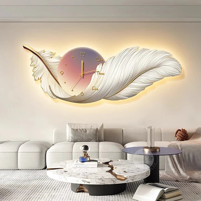 Luxury Living Room Painting Feather Mural with Led Light Painting High-End Sofa Background