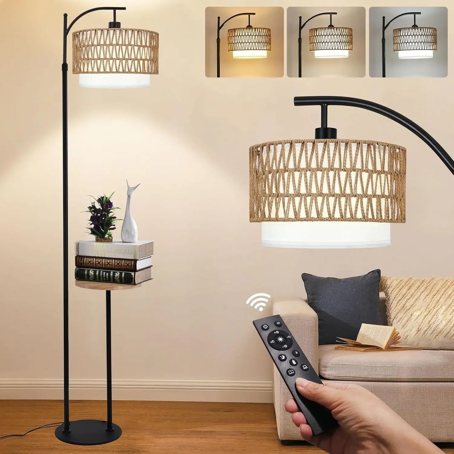 Lamp Remote Control, Dimmable LED Floor Wicker Shade Black Standing, 3 Color Temperature