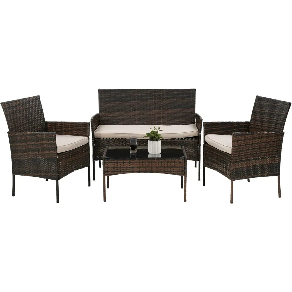 4 Pieces Patio Rattan Outside Furniture Wicker Sofa Garden Sets with Soft Cushion and Glass Table