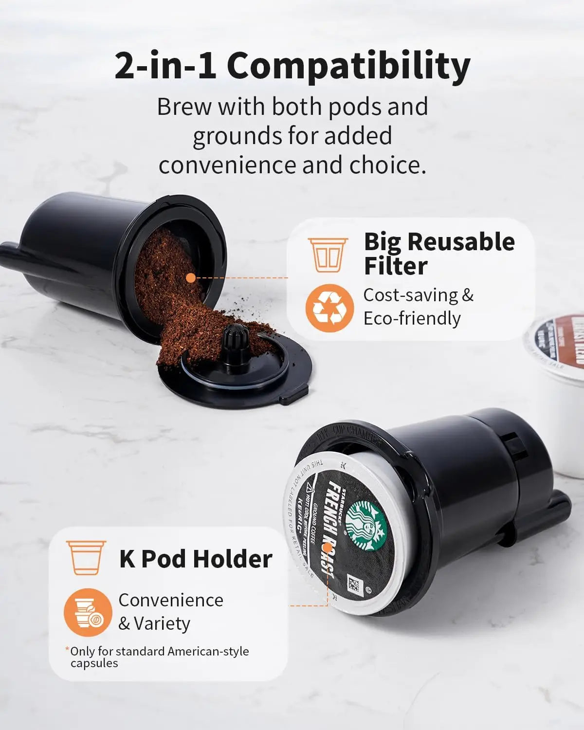 Maker for K Cup 6-14 Oz 50 Oz Removable Water Tank, One Cup Coffee Machine with Reusable Filter
