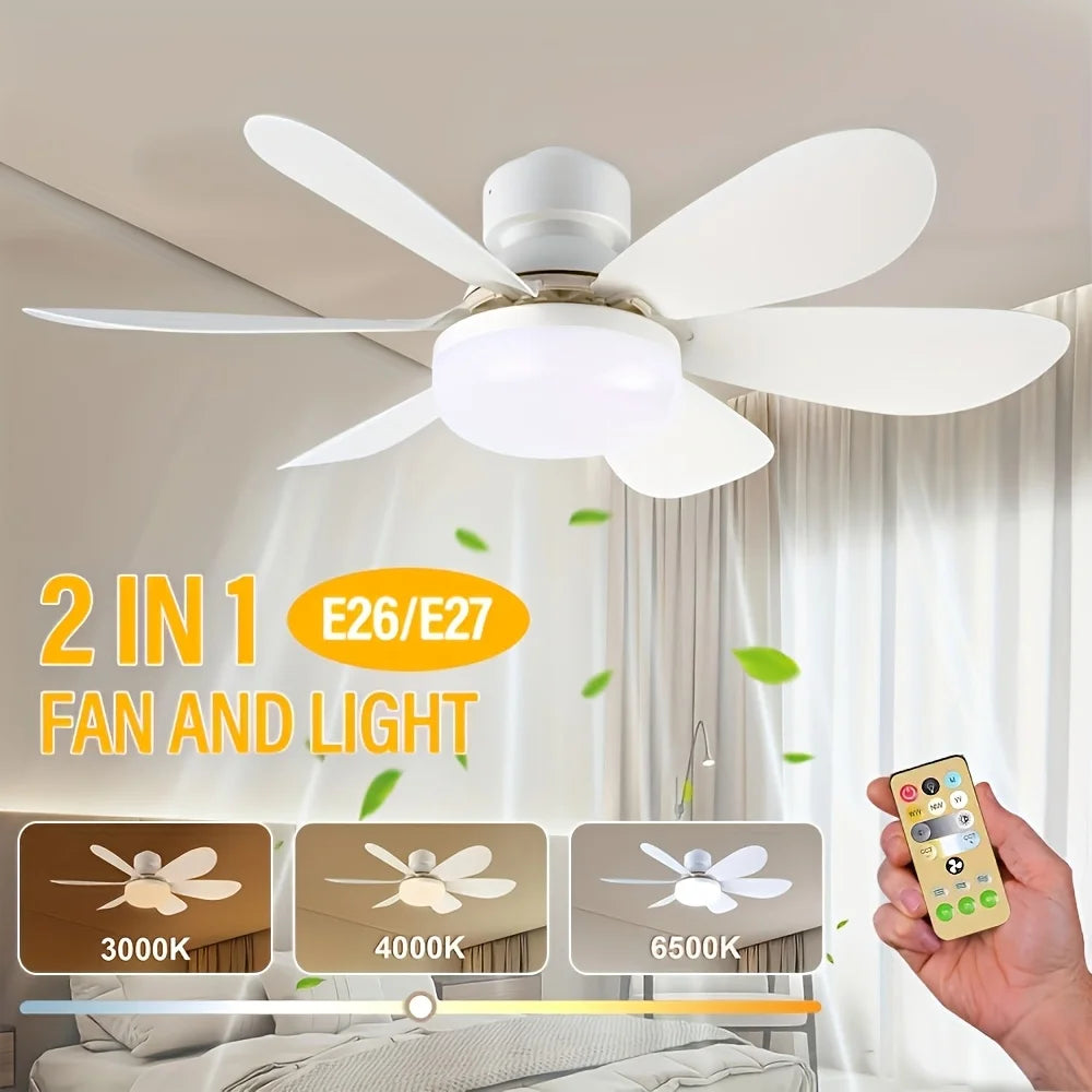 LED Ceiling Fan Light, E26/E27 Base with Remote Control, Timer, 6 Blades, 3 Speeds, Adjustable Brightness and Color Temperature