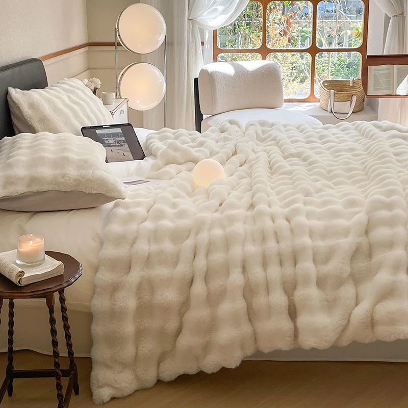Faux Fur Throw Blanket for Couch, Cozy Warm Plush Striped Blanket for Sofa For all rooms