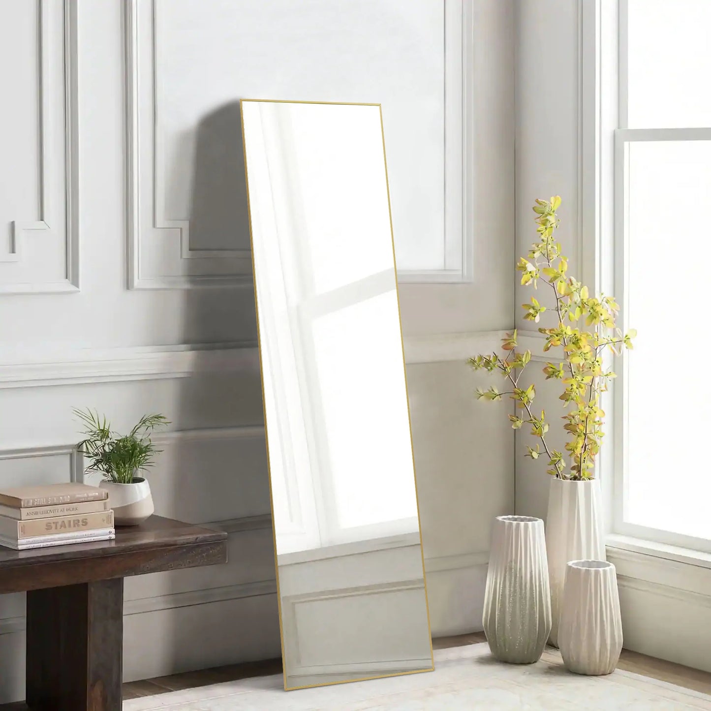 JHK Full Body Wall Mirror 59"x16" Standing Hanging or Wall-Mounted Mirrors with Stand Aluminum Alloy Frame