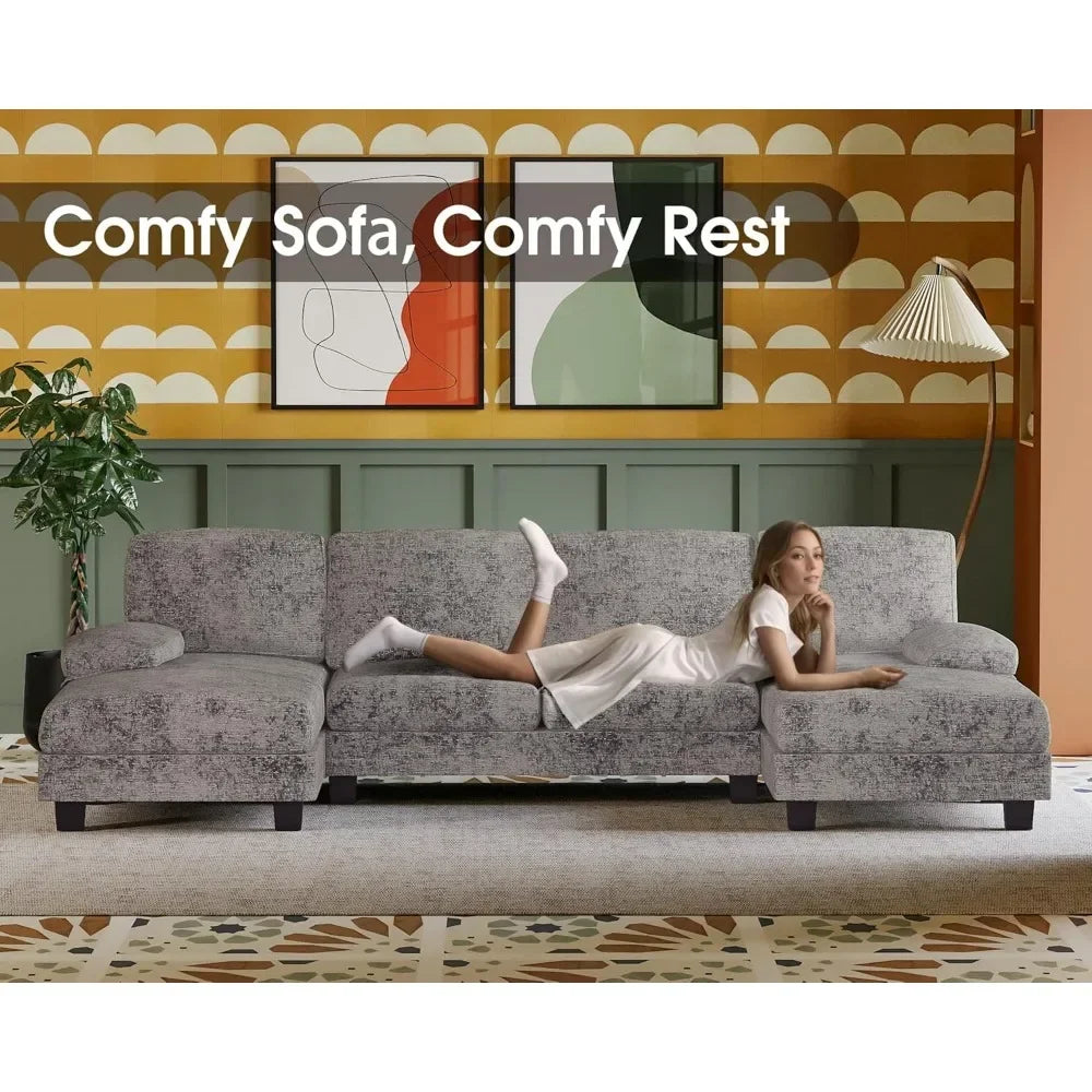 Sectional Couches for Living Room U-Shaped Sofa with Linen Fabric 4 Seat Sofa Set with Double Chaise