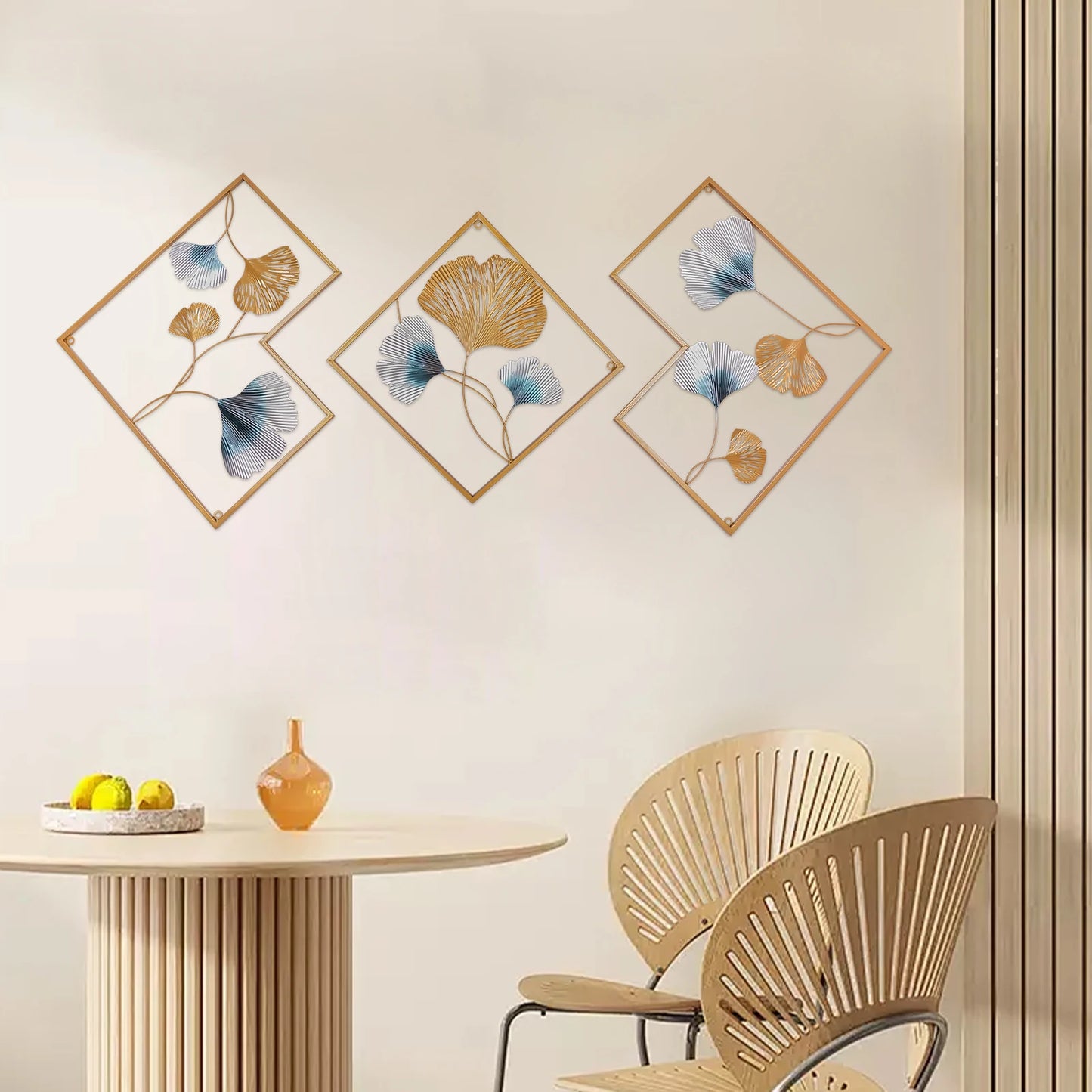 3PCS Metal Wall Art Hanging Sculpture Decor 3D Ginkgo Gold & Blue