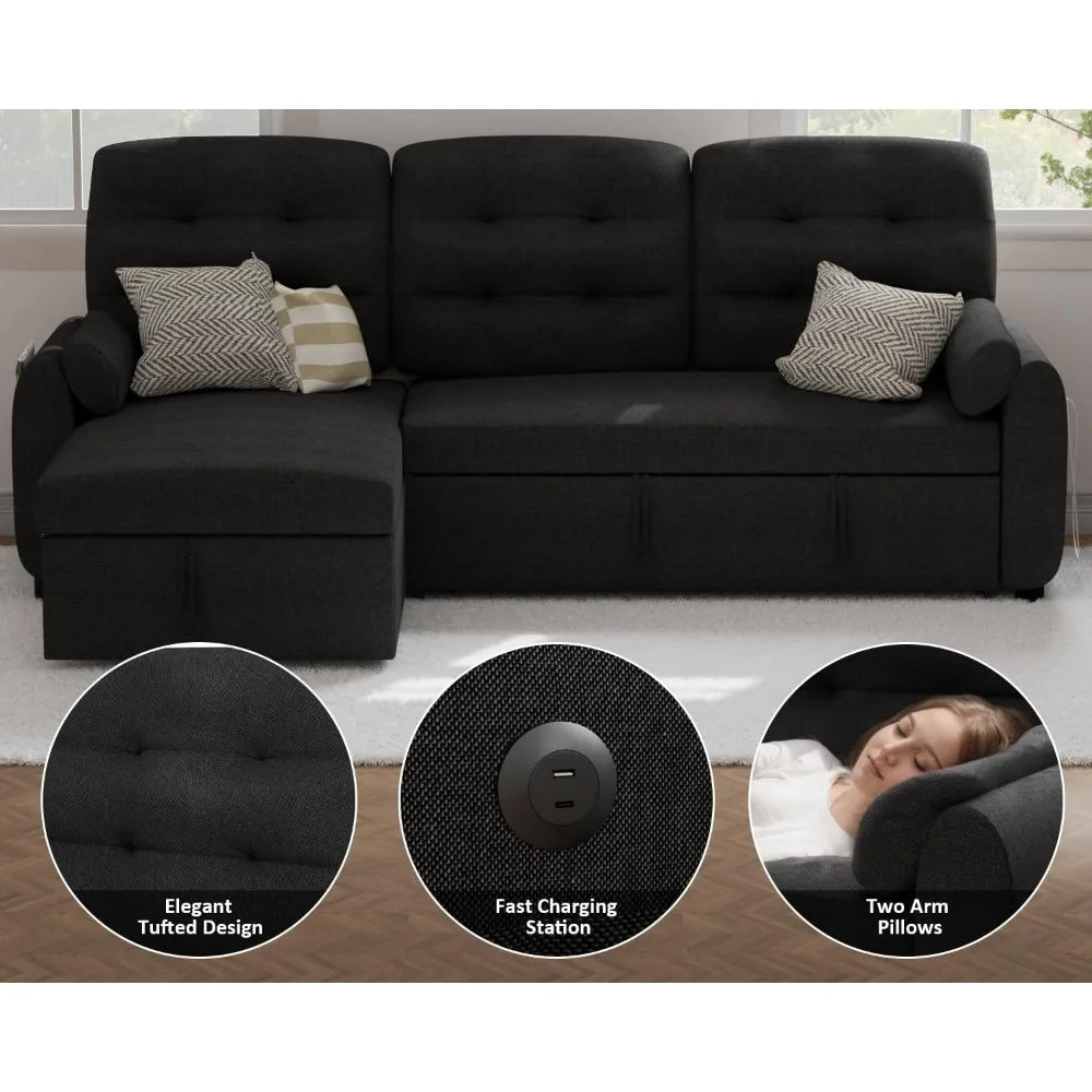 Sectional Sofa Couch Sleeper Sofa Bed with Reversible Storage Chaise Pull Out Couch with side Pocket