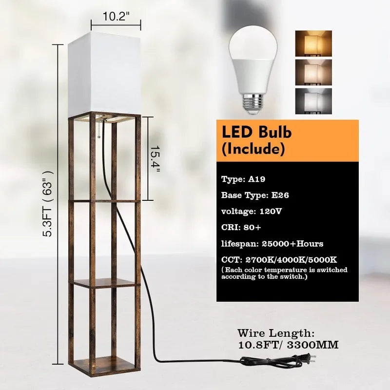 Floor Lamp with Shelves, Moderns shelves and Lamp with 3 CCT LED Bulb and Shade