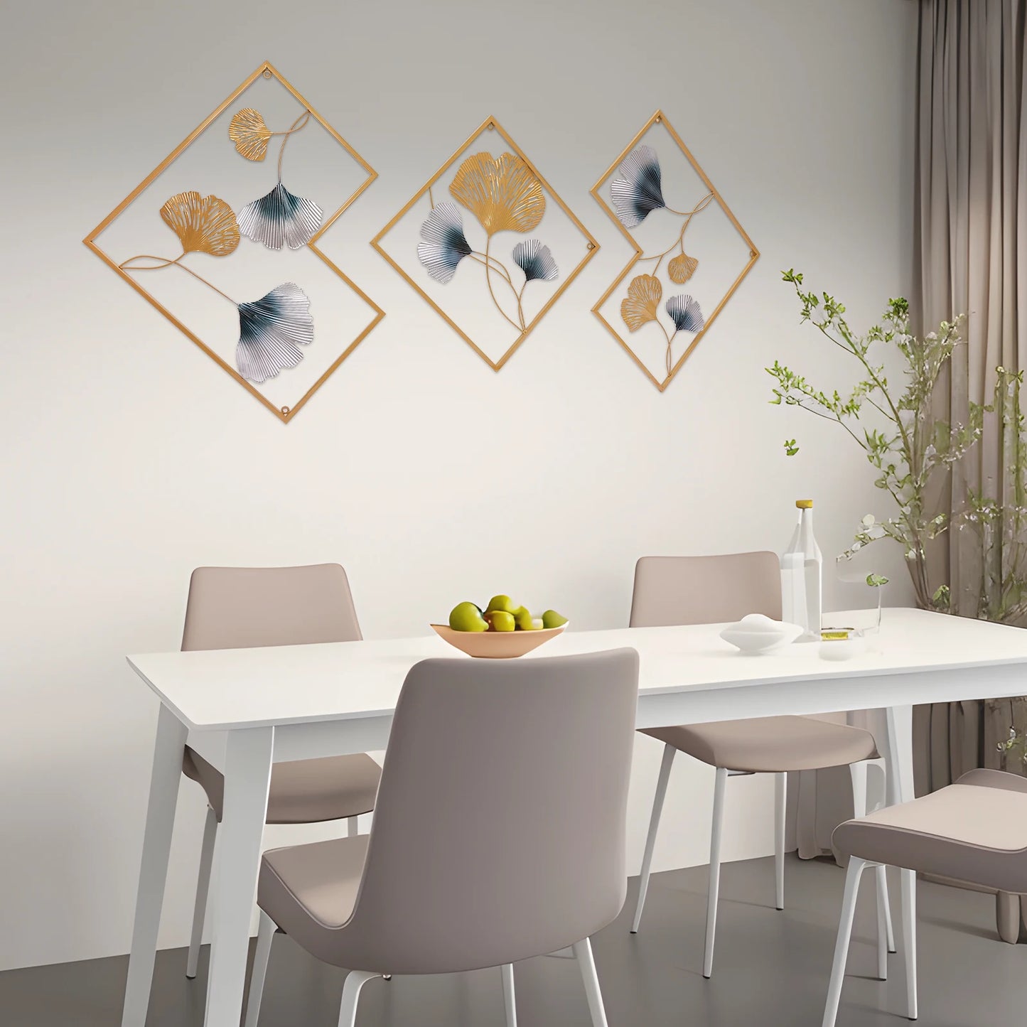 3PCS Metal Wall Art Hanging Sculpture Decor 3D Ginkgo Gold & Blue