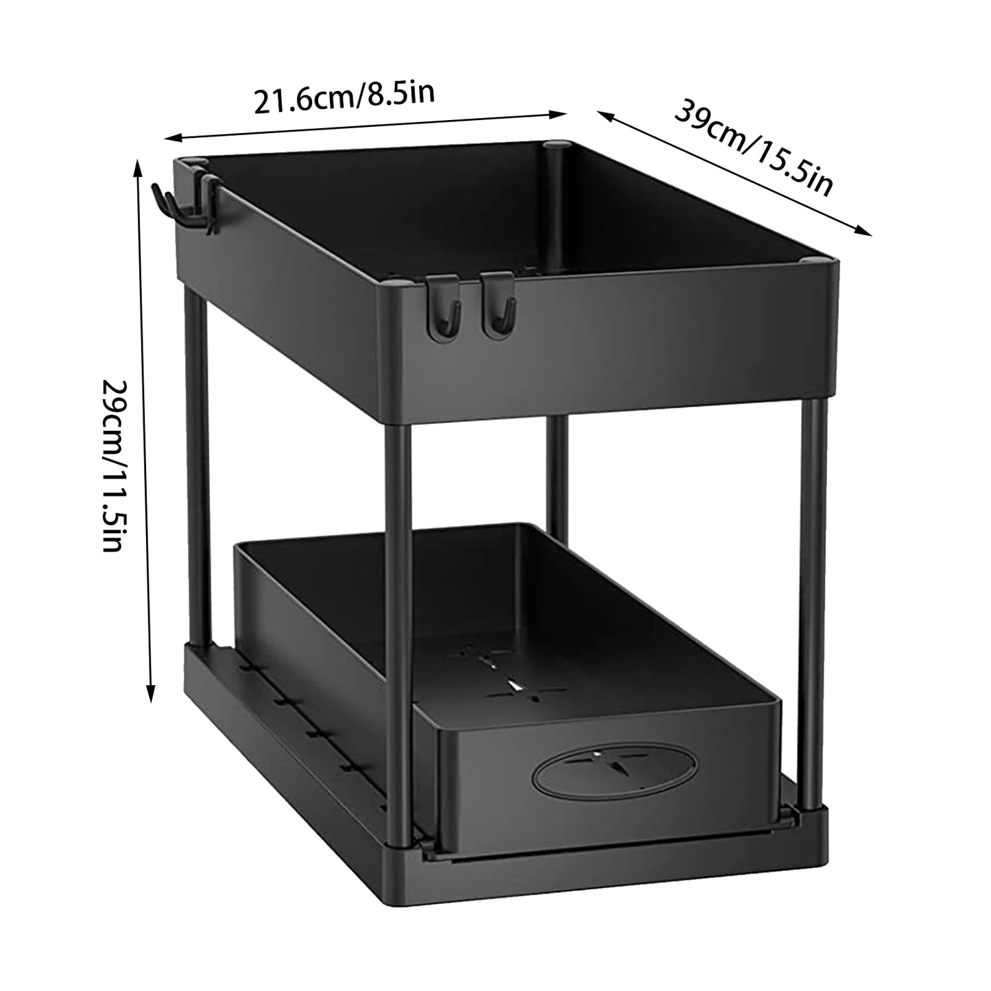 2 Tier Under Sink Organizer Sliding Cabinet Basket Storage Rack with Hooks Hanging Cup