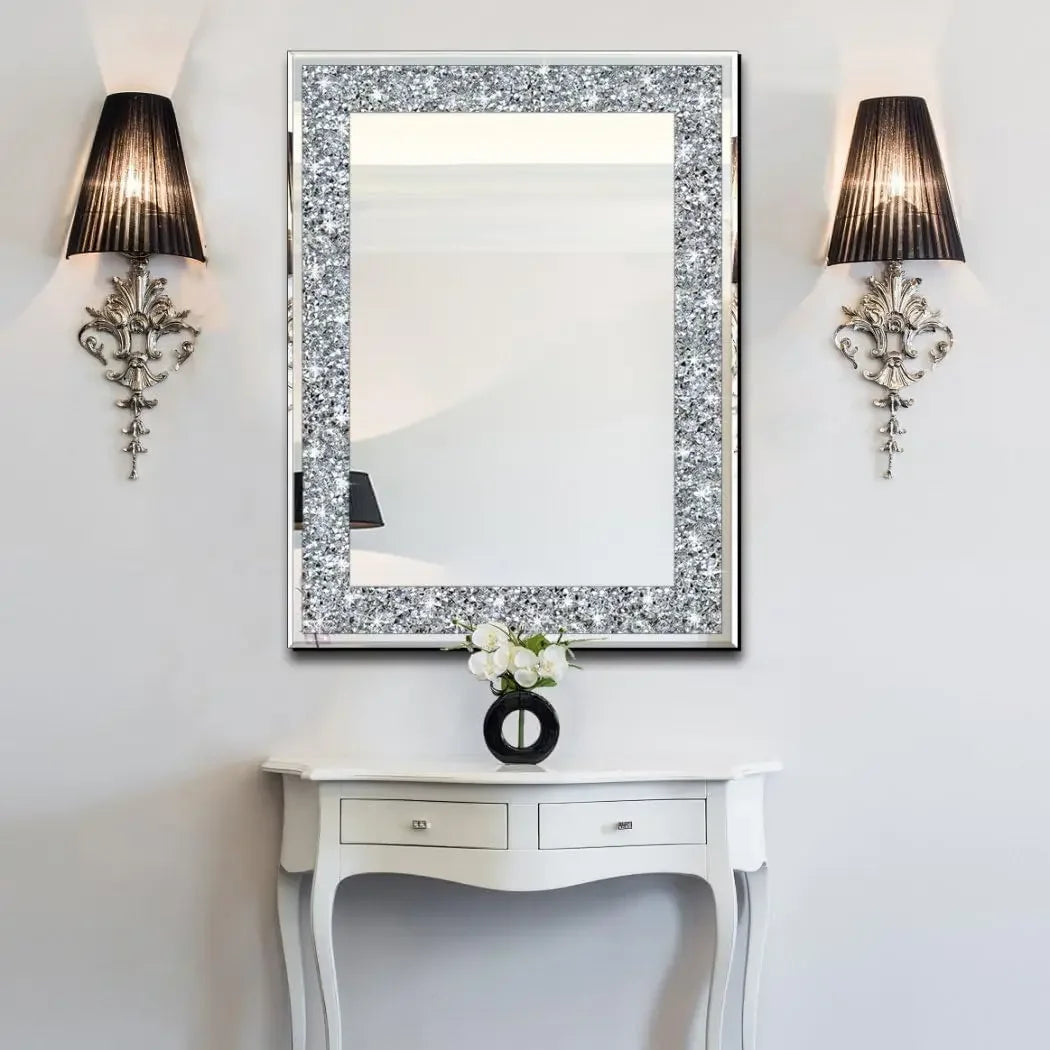 Crystal Diamond Rectangle Wall Decor Frameless Mirror Silver Acrylic Decor Sparkle Twinkle Bling