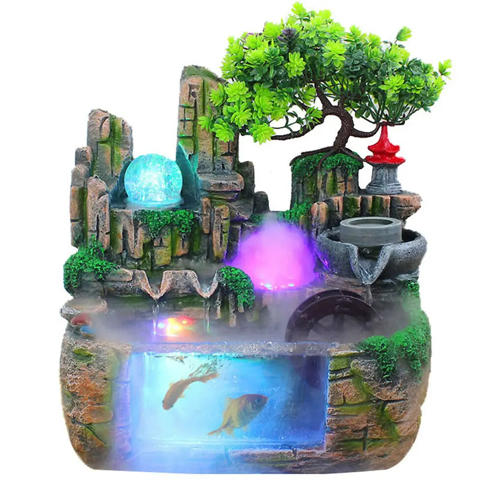 Fountain Waterfall with Rockery Indoor Relaxation with Light Bird & Fisherman for Home