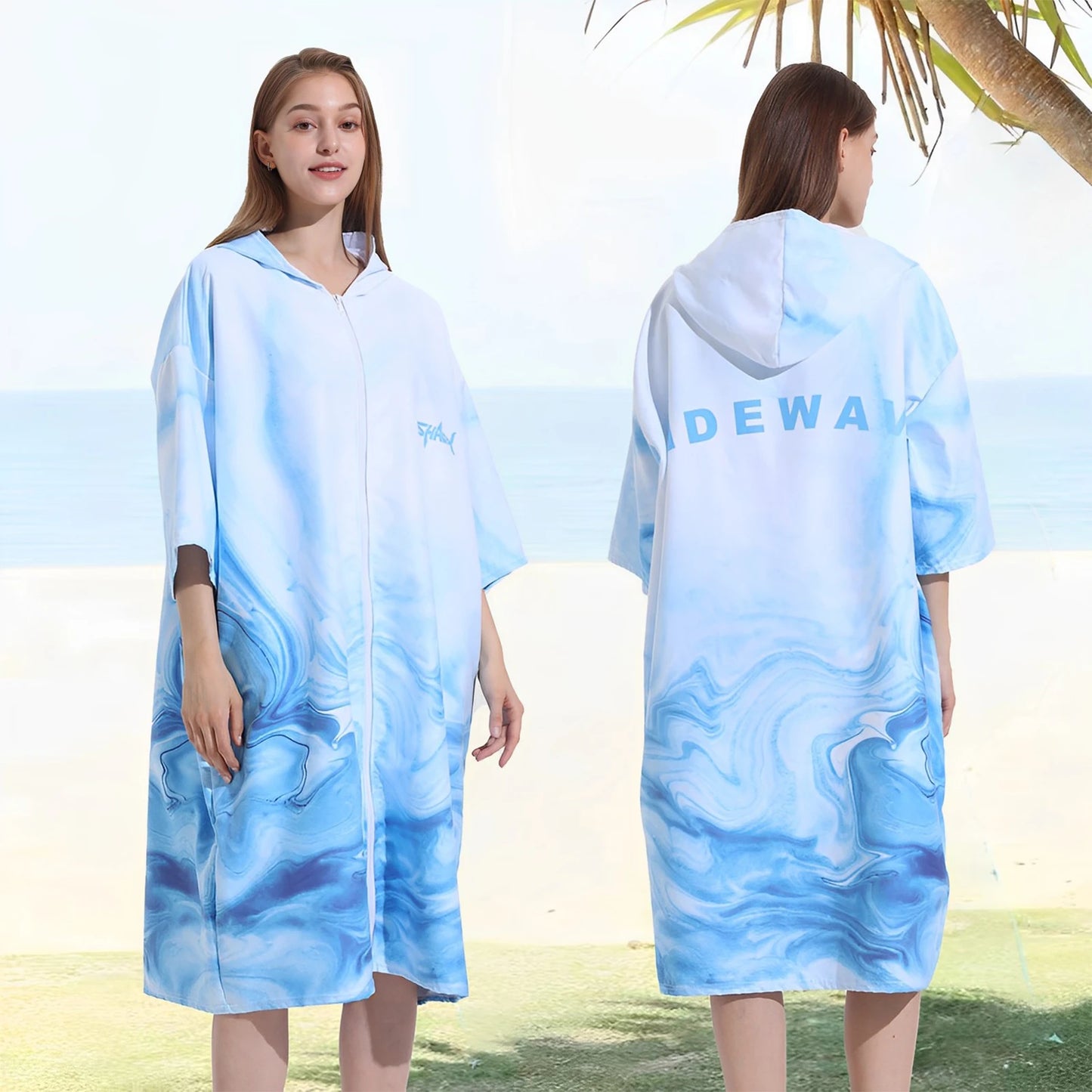 Robe with Hood Microfiber Towel Poncho with Zipper Short Sleeve Poncho Quick Dry