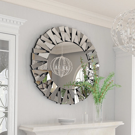 Wall Mirror Round Sunburst Mirror Silver Glass Wall-Mounted Beveled Hanging Circle