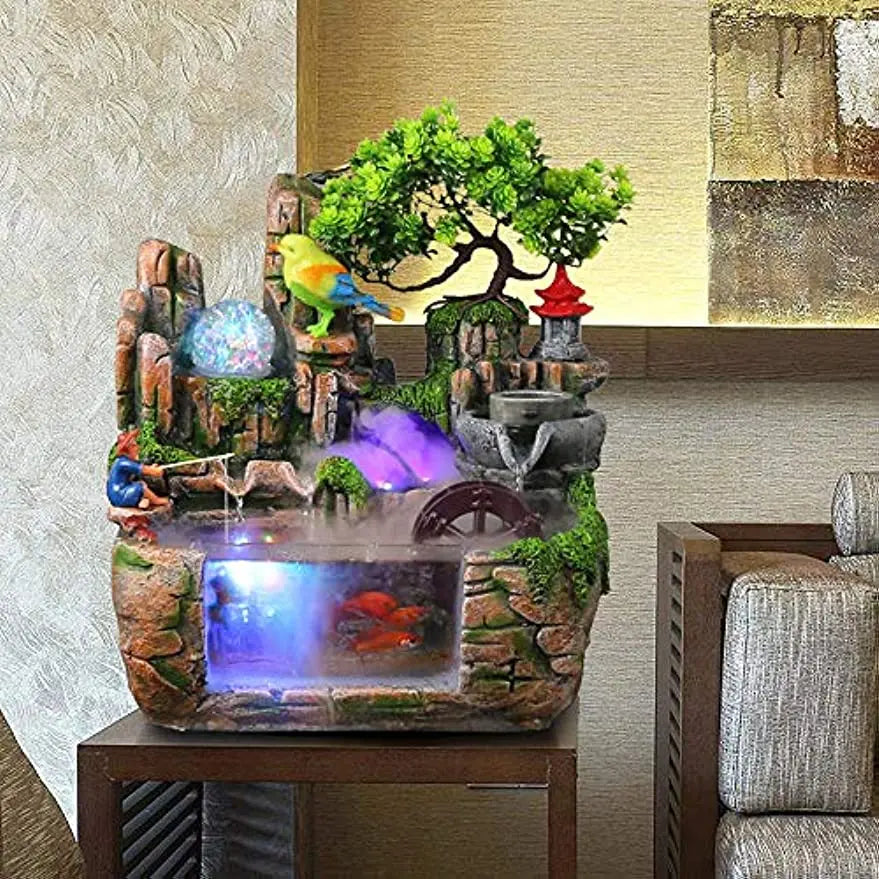 Fountain Waterfall with Rockery Indoor Relaxation with Light Bird & Fisherman for Home
