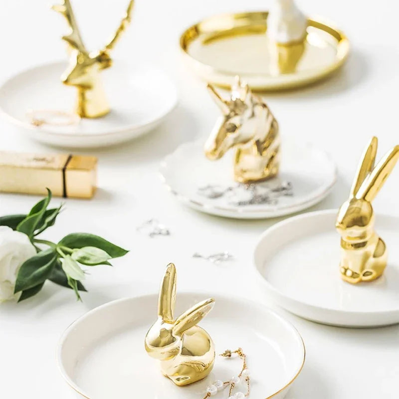 Nordic Ceramic Gold plating Jewelry Dish Storage Plates Dessert Display Bowl Decoration Tray
