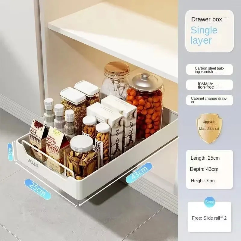 Storage Rack with Slide Rails Pull-out Drawer Storage Tray Box Storage Rack Cabinets Organizer