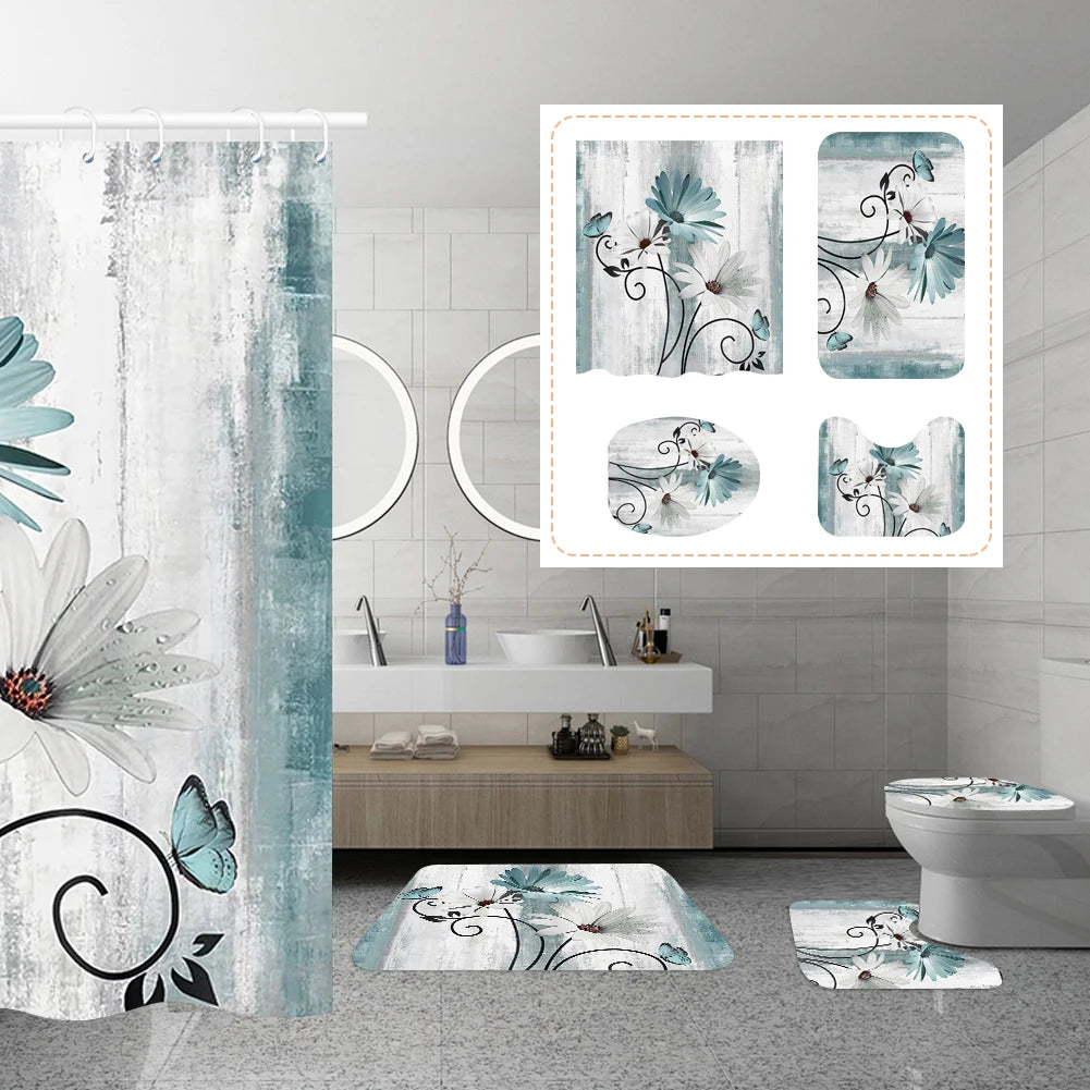 4PCS Flower Shower Curtain Set with Non-Slip Rugs, Toilet Lid Cover and Bath Mat Waterproof Bathroom Decor