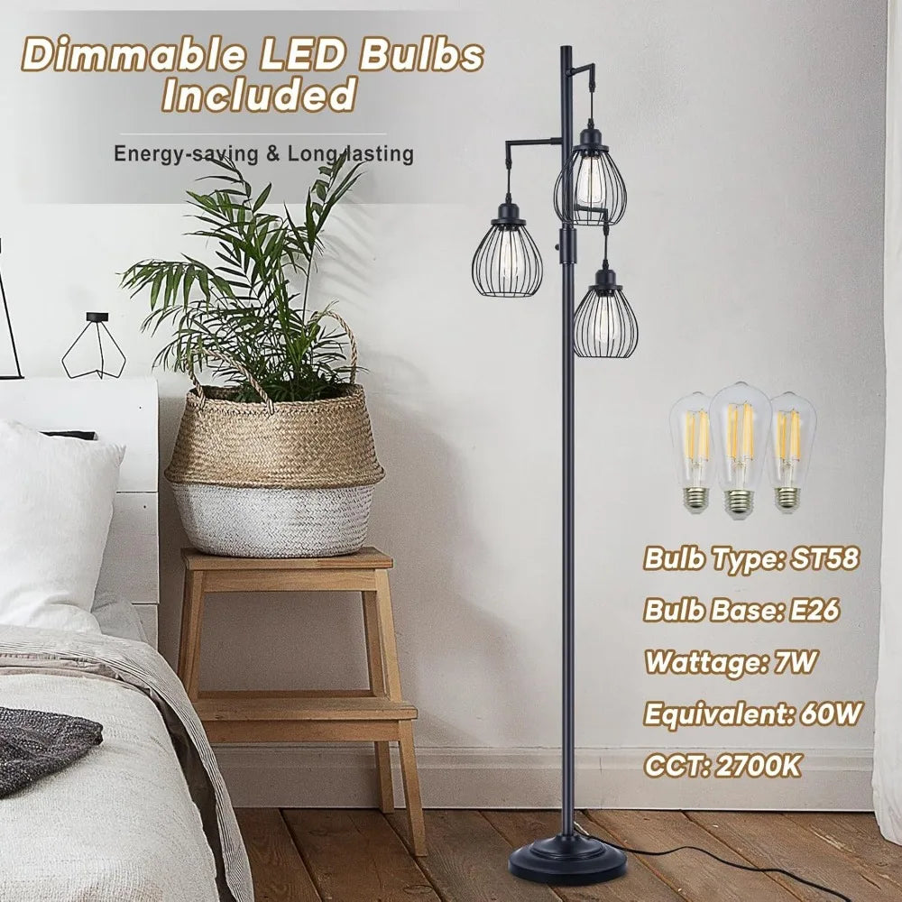 68.5” Dimmable Floor Lamp, Farmhouse Floor Lamps with Elegant Teardrop Cages, Rustic Floor Lamps Black Tall Vintage