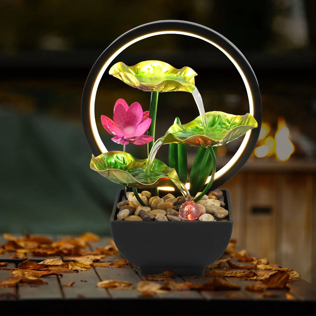 Water Fountain USB Powered Relaxation Desktop Waterfall With Natural Rocks And LED Ring Lights