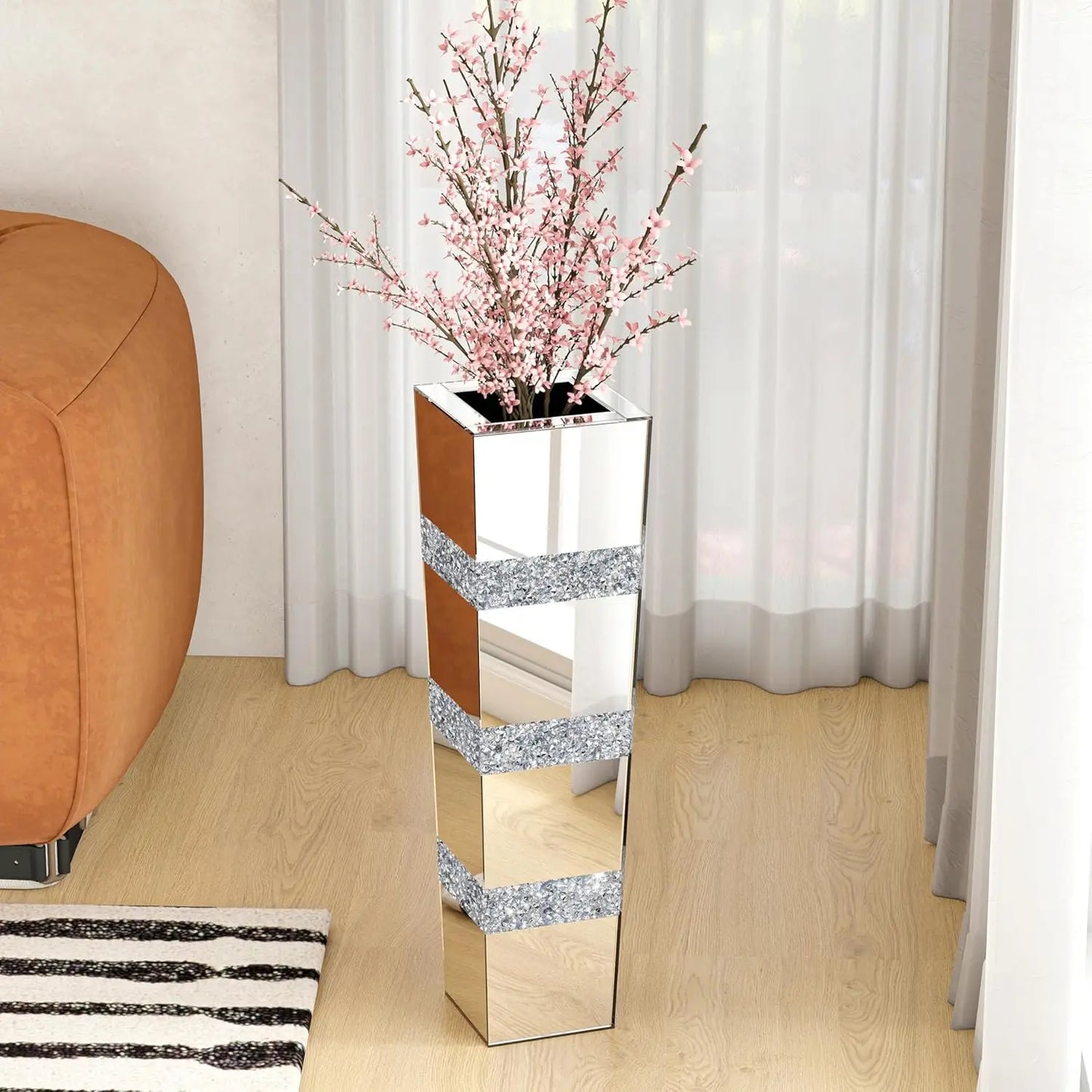 Mirrored Vase, Crushed Diamond Floor, Silver Vases Decor Living