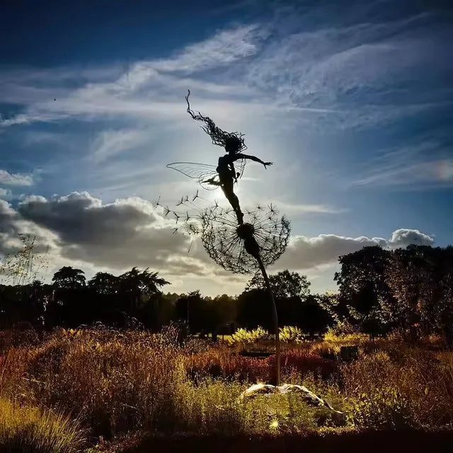 Dancing Fairy Statue Steel Wires Elf Dandelion Sculpture Mythical Garden Figurine Yard Decor