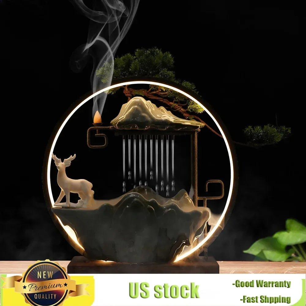 Indoor Water Fountain with Mist Touch Switch LED Light Incense Burner Waterfall Relaxing Table Decor