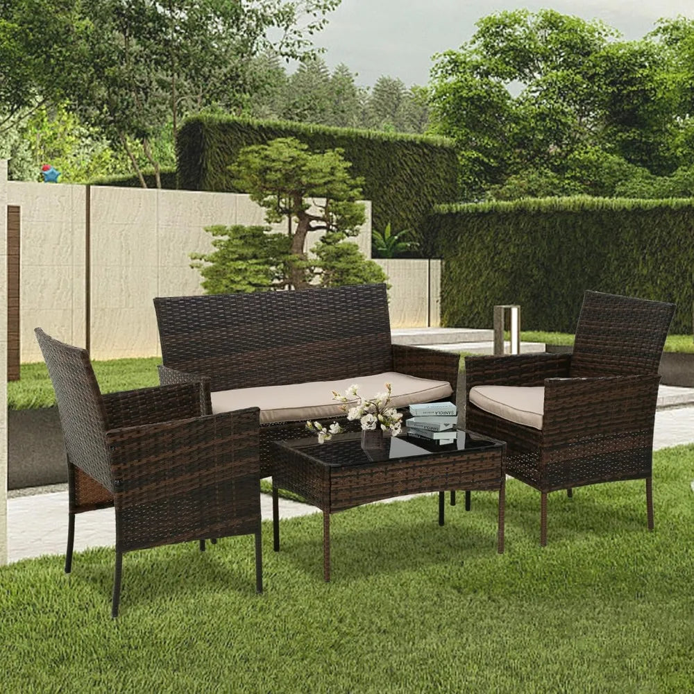 4 Pieces Patio Rattan Outside Furniture Wicker Sofa Garden Sets with Soft Cushion and Glass Table