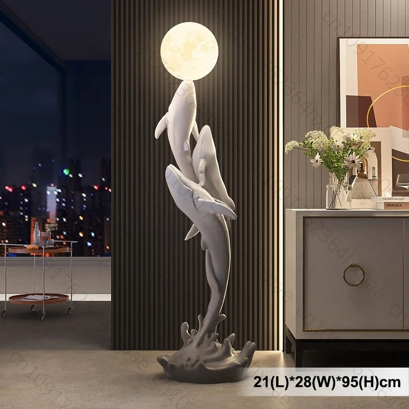 Luxury Whale Floor Lamp Sculpture with Moon Night Light Large Resin Home Decor Large Decorative Statue for  Art Decor
