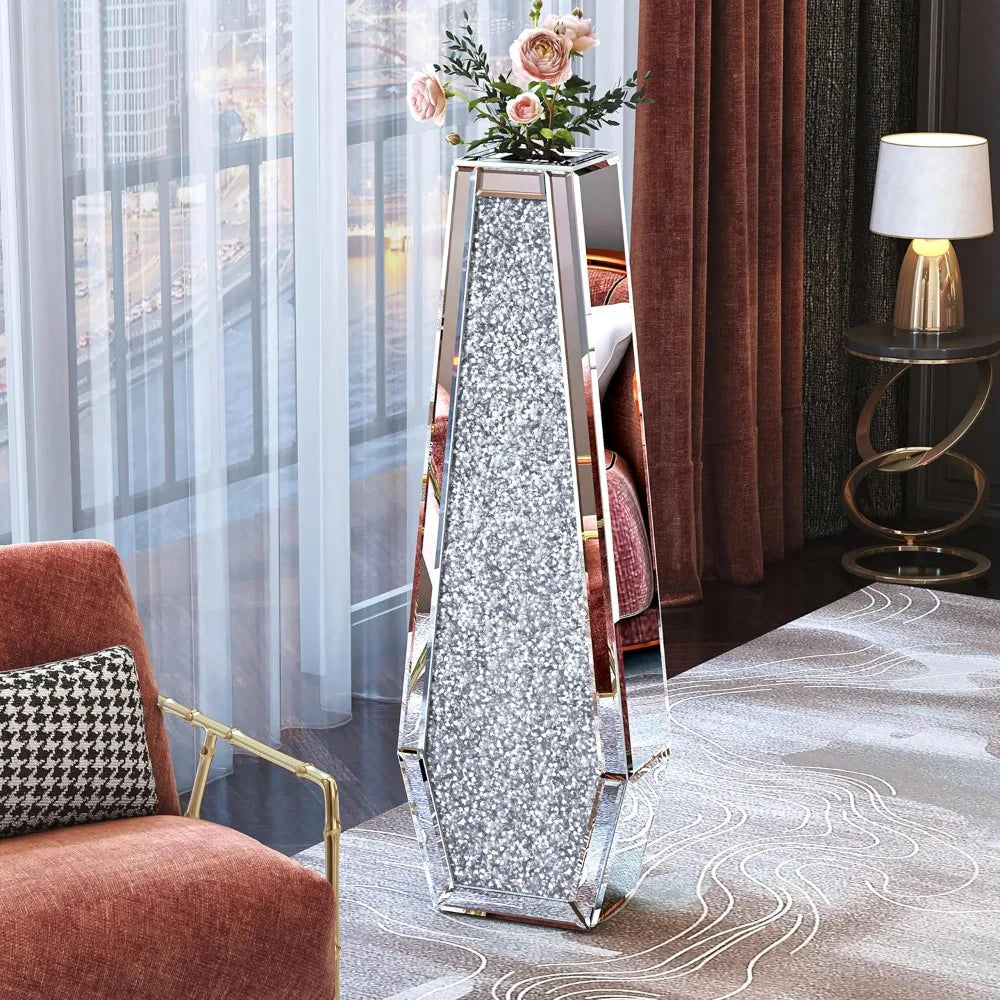 27" Tall Floor Crystal Vase Crushed Diamond Floor Silver for Decor in all rooms