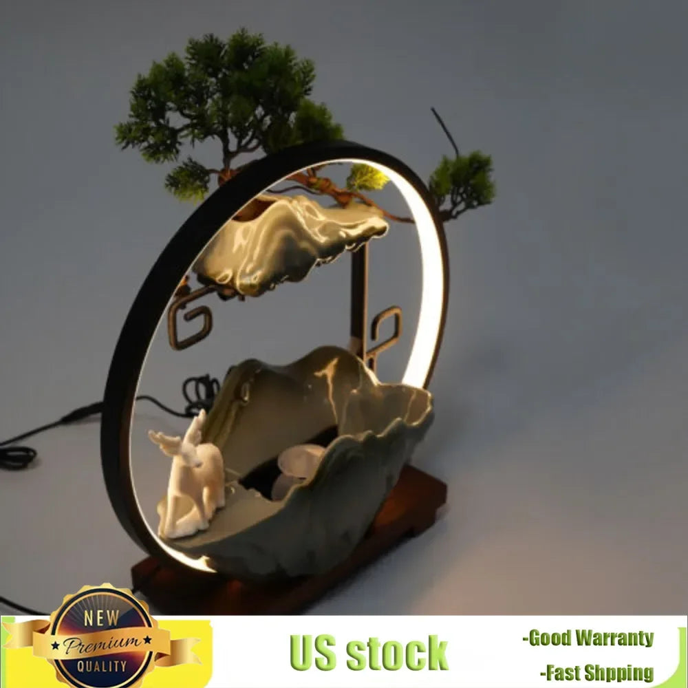 Indoor Water Fountain with Mist Touch Switch LED Light Incense Burner Waterfall Relaxing Table Decor