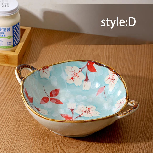 YWDL 700ml Ceramic Salad Bowl With Handle Kitchen Soup, noodles, and fruit Japanese Tableware Microwave Pan