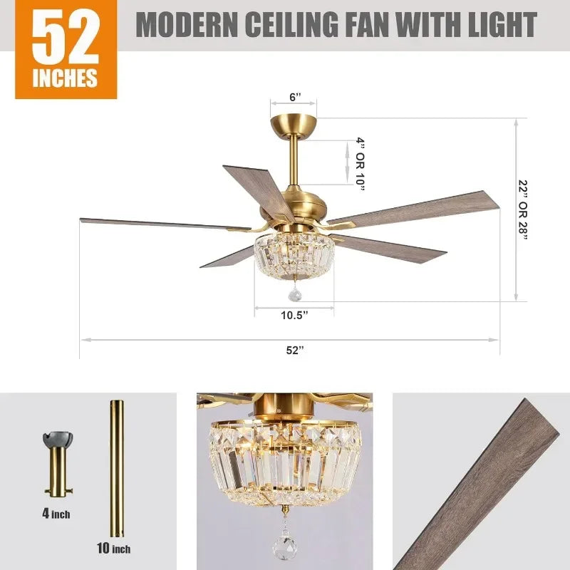 Ceiling Fan with Lights and Remote 52 Inch Gold Ceiling Fan with Light Crystal Chandelier