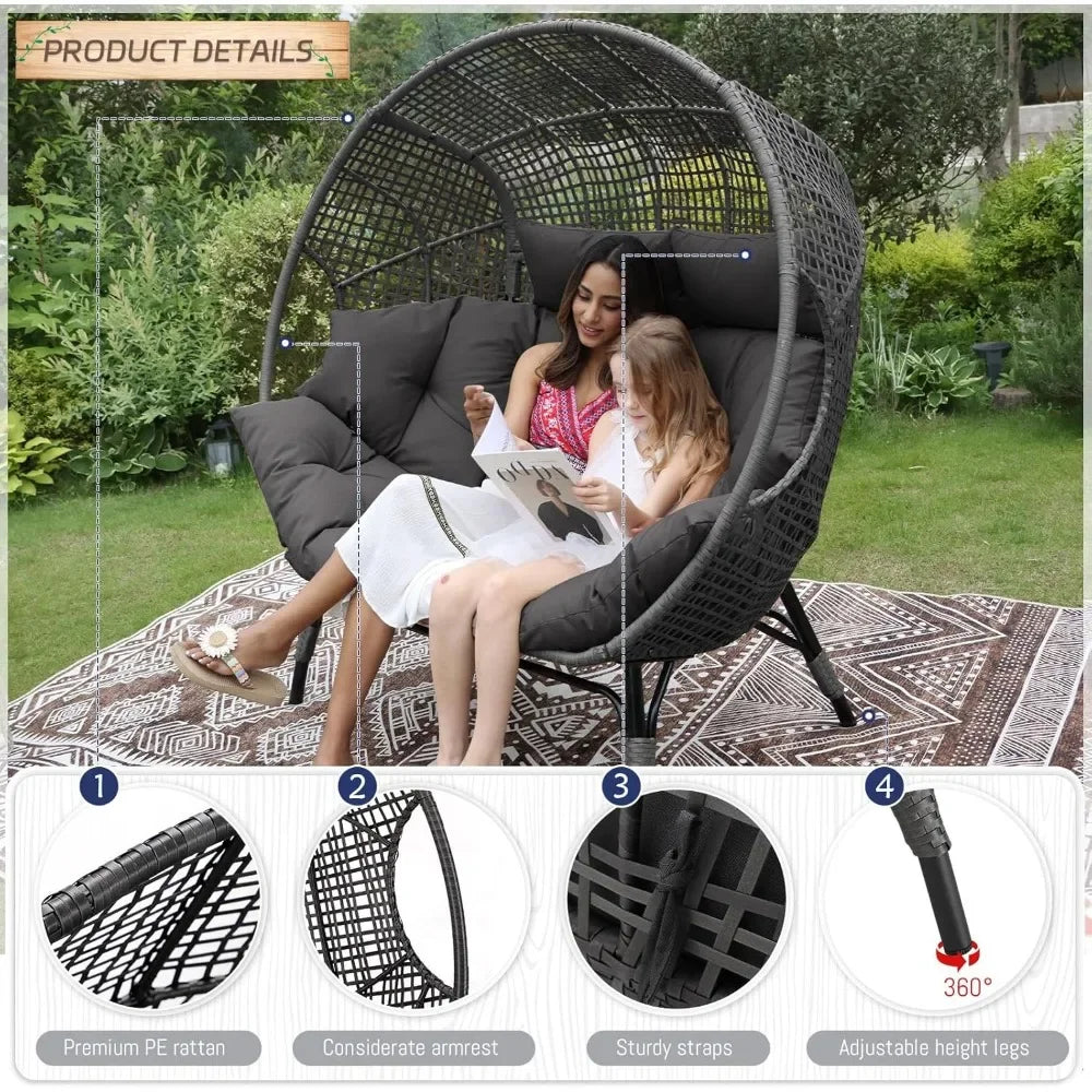 Double Egg Chair Indoor Outdoor 2 Person Grey Wicker Oversized Chair with Dark Grey Thick Cushion