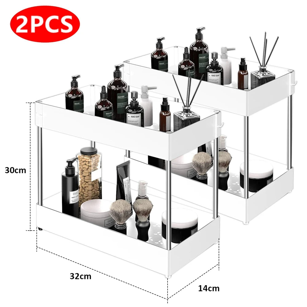 2 Tier Under Sink Organizer Sliding Cabinet Basket Storage Rack with Hooks Hanging Cup