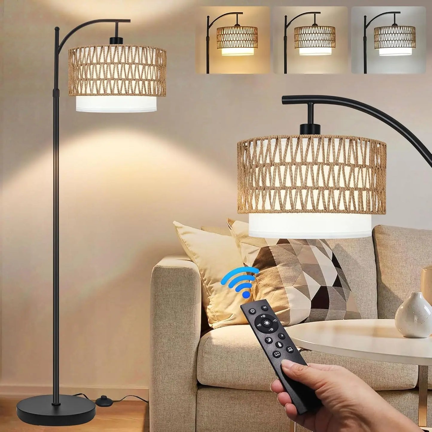 Lamp Remote Control, Dimmable LED Floor Wicker Shade Black Standing, 3 Color Temperature