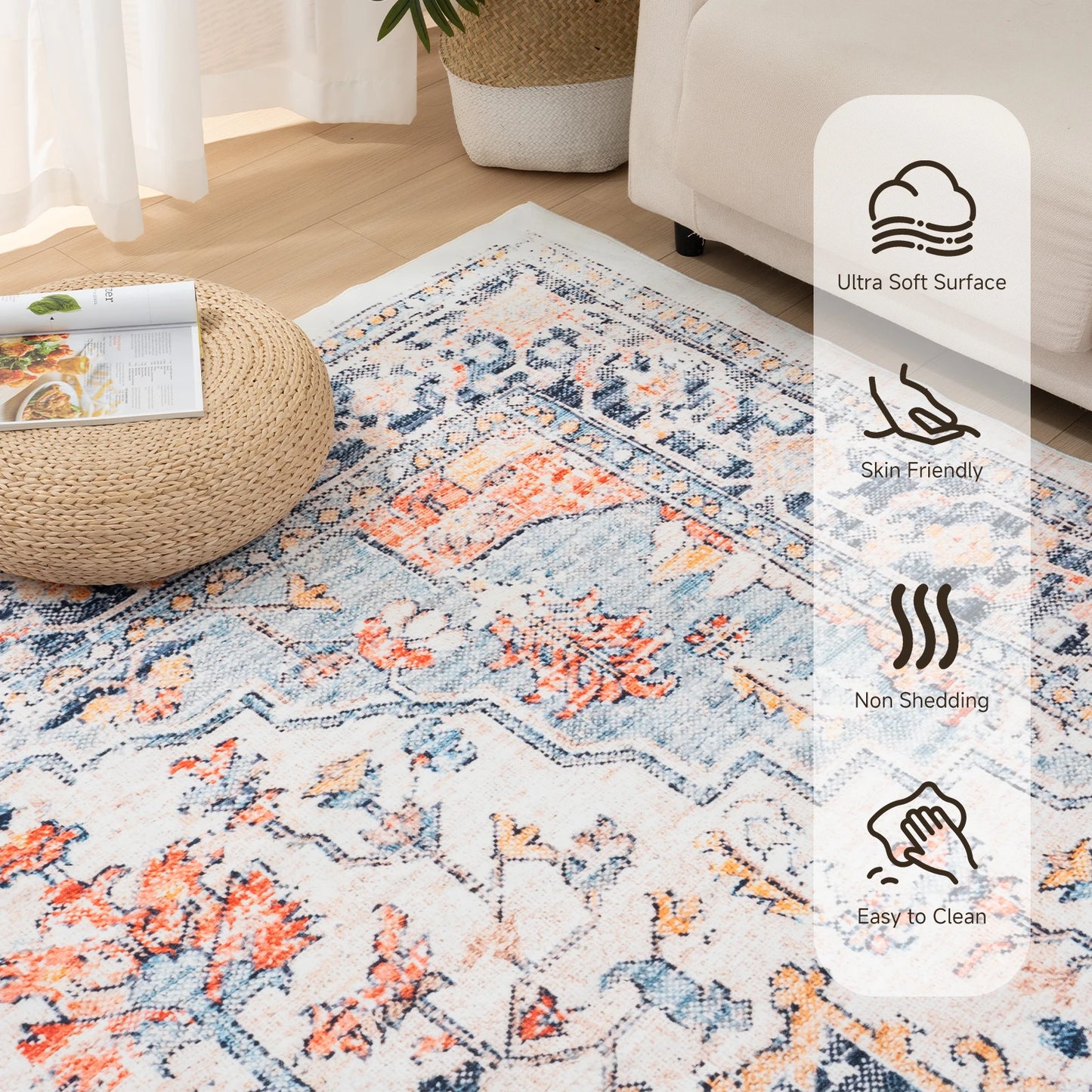 vintage boho design, washable rugs non-slip rugs for living room bedroom traditional woven rugs stain resistant