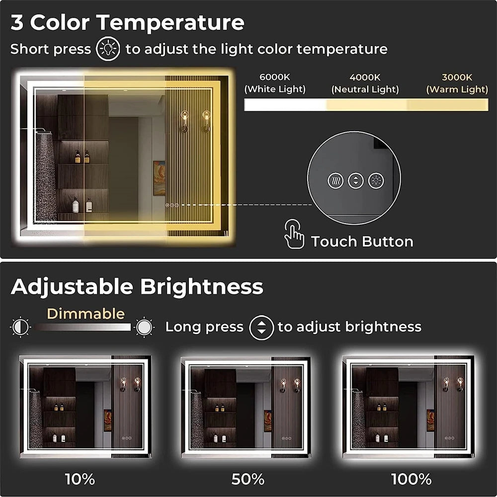 LED Mirror With Front Backlit Dimmable Wall Mirror HD Anti-fog