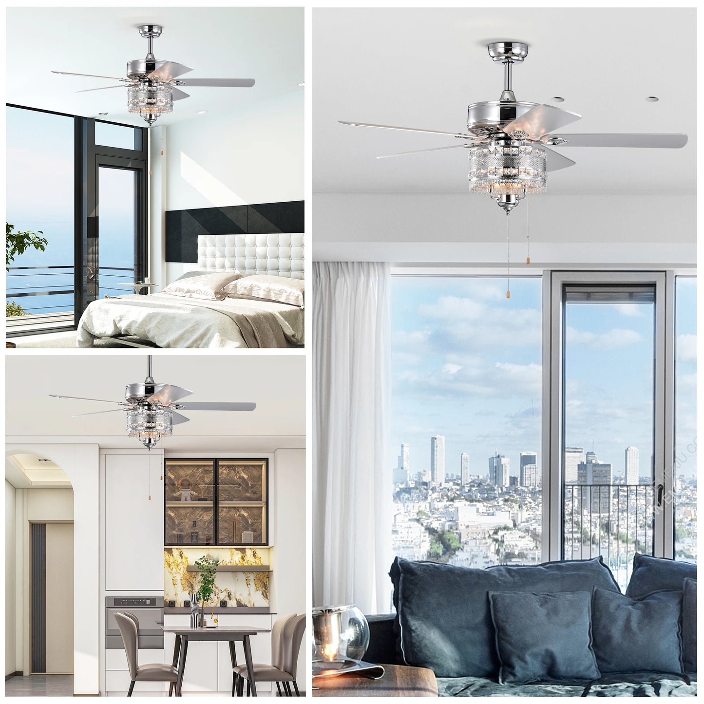 52'' Classical Crystal Ceiling Fan Lamp 5 Reversible Blades Stylish for Any Room