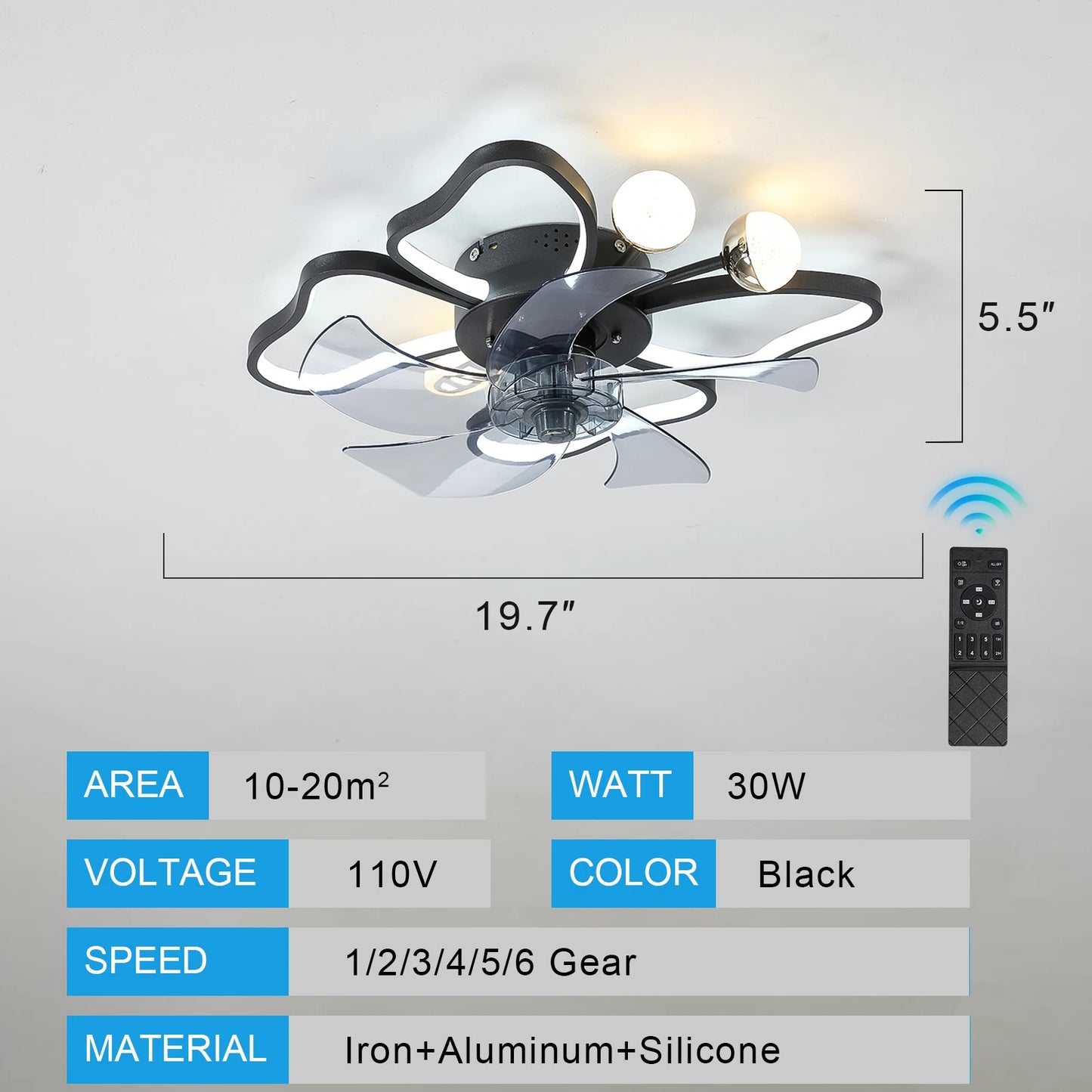 Modern Ceiling Fan with Lights Transparent Blade LED Adjustable Lamp,6-Speed Remote Control ,Stylish Low-Profile Design