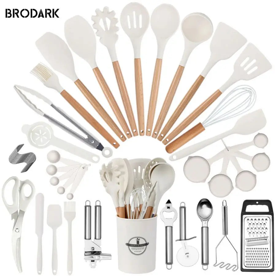 44pcs Premium Silicone Utensil Wooden Handles and Knife - Heat-Resistant, Non-Stick