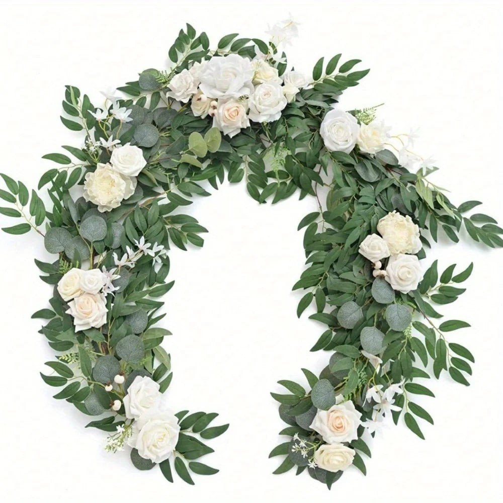 Eucalyptus Willow Leaf Garland with Flower, Handcrafted Sweetheart Arch Backdrop Decorations