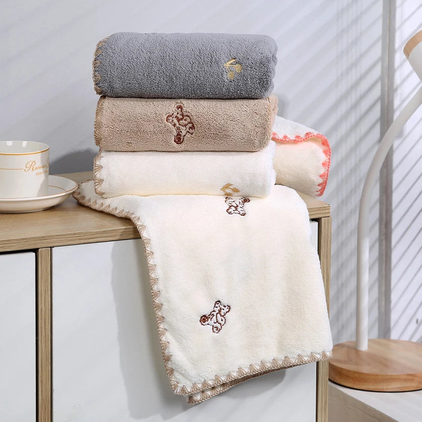 Soft Coral Towels Set Peach Bear Cherry Embroidered Face Bath Towel Super Absorbent