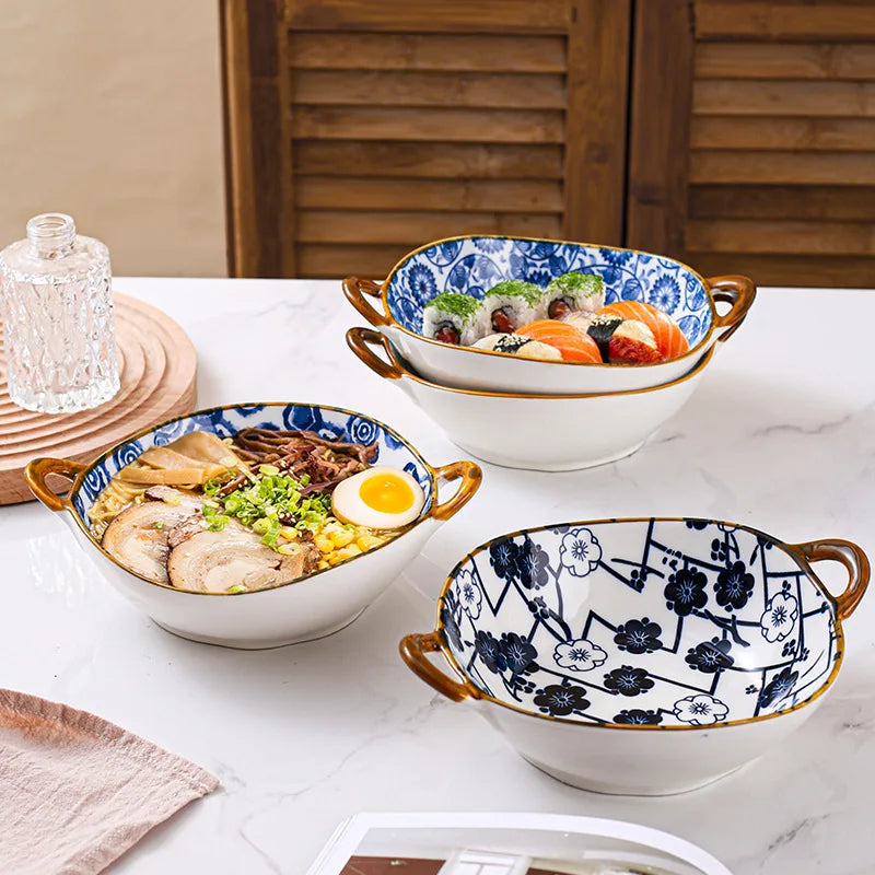 7.5inch Ceramic Ramen Bowl With Handle Japanese Style Flower Heat-resistant Soup Bowl Microwave Safe