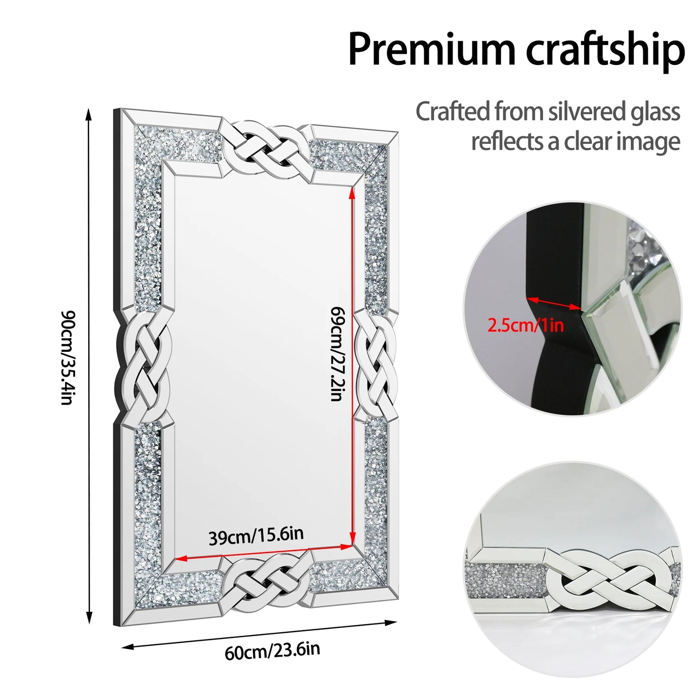Large Crystal Crush Diamond Mirror Silver Decorative Wall Hang Mirror Beautiful for any Room