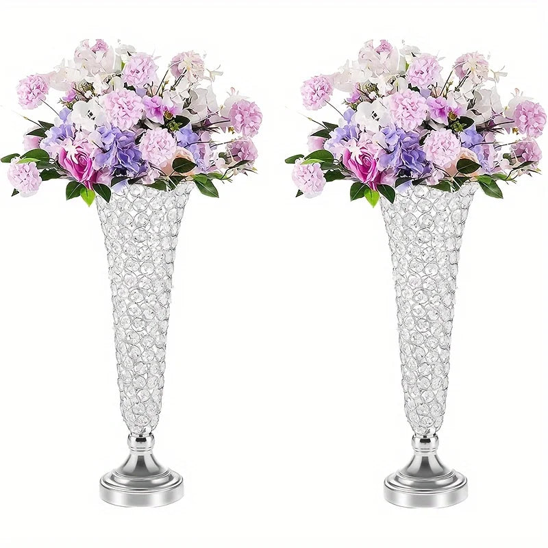 2 Crystal Vases, 20 Inches High, For Use in the Center or Dining Tables Home Decor (Silver)