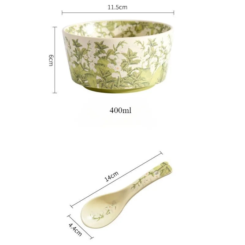 Deluxe Ceramic Bowl Spoon Set Bell Orchid Oil Painting Style Ceramic Tableware Retro Bowl