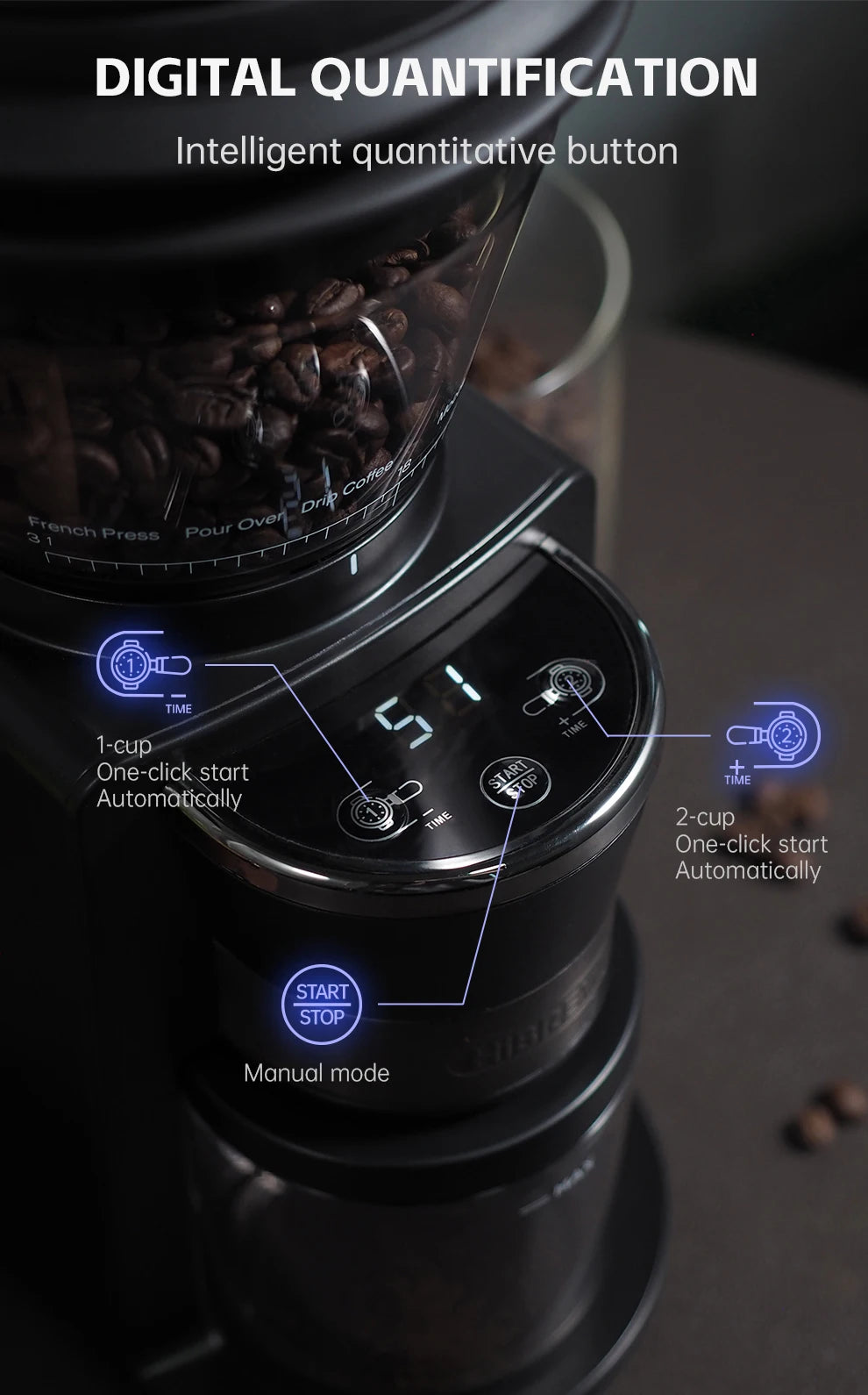 Automatic Mill Electric Coffee Grinder with 34 Gears for Espresso American Coffee Pour Over Visual Bean Storage G3
