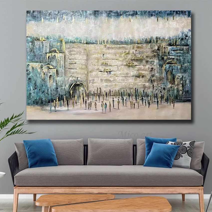 Abstract Oil Painting, Hand Painted Textured Canvas Art, Jerusalem Landscape Judaica, Artwork for Kosher Kitchen Decor